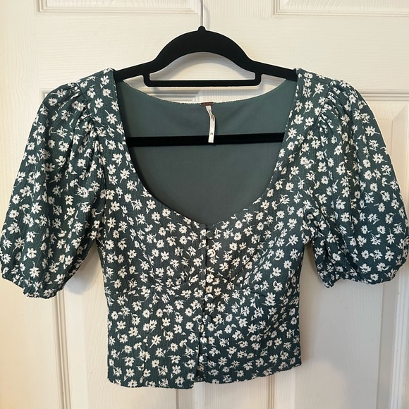 Free People Green Floral Puff Sleeve Crop Blouse size XS - Picture 1 of 3